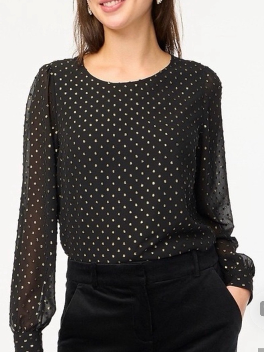 J. Crew Black Long-Sleeve Blouse with Gold Dot Detail